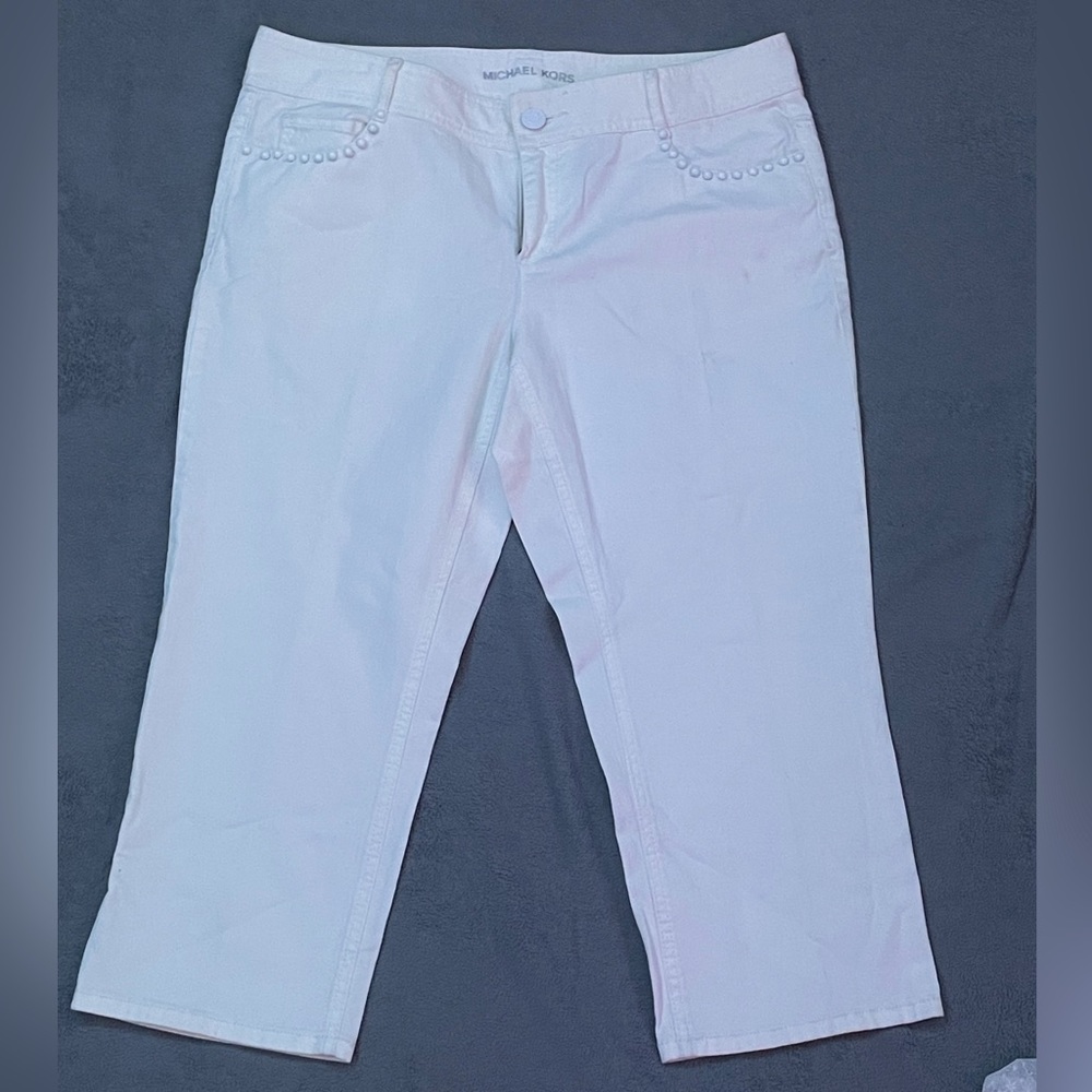 Micheal Kors calf, length white jeans with pearls